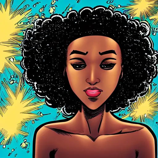 Image similar to comic book hero black girl with Afro, tall and slim figure, brown skinned brown eyes full lips,