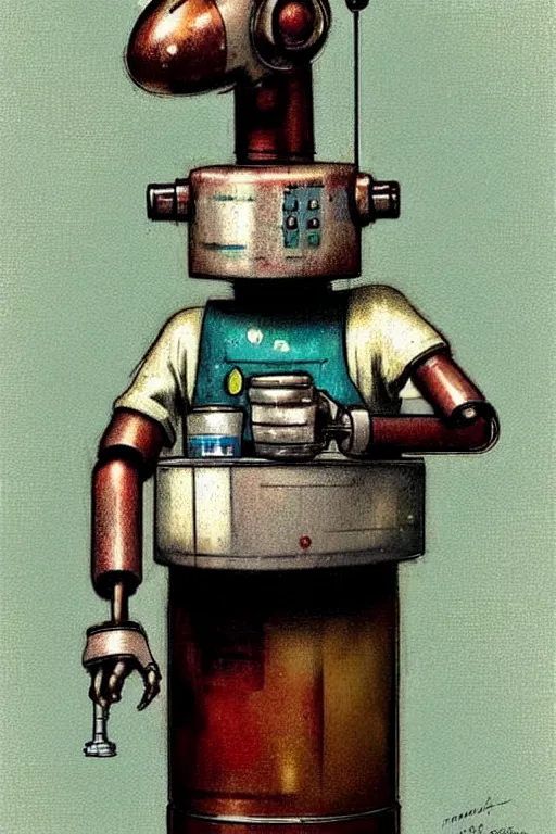 Image similar to ( ( ( ( ( 1 9 5 0 s retro future robot android bartender behind a bar dog. muted colors. ) ) ) ) ) by jean - baptiste monge!!!!!!!!!!!!!!!!!!!!!!!!!!!!!!