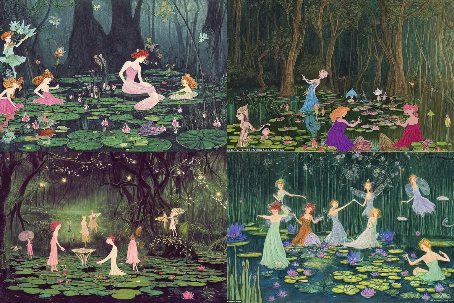 Prompt: a group of gracious fairies playing blackjack in a atmospheric moonlit forest next to a beautiful pond filled with water lilies, in style of ida rentoul outhwaite