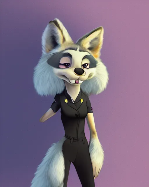 Image similar to digital painting full body of anthromorphic furry female wolf, in style of zootopia, female fursona, furry, furaffinity, 4 k, deviantart, furry art, fursona art, wearing black business suit, wearing black business suit, wolf fursona, female, very expressive detailed feminine face,