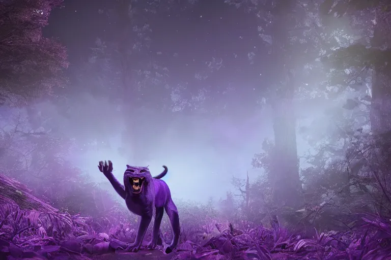 Image similar to a purple panther roaring at the moon in a forest during the night, large moon in the center. trending on artstation. cinematic. photoreal. dark colors. night.