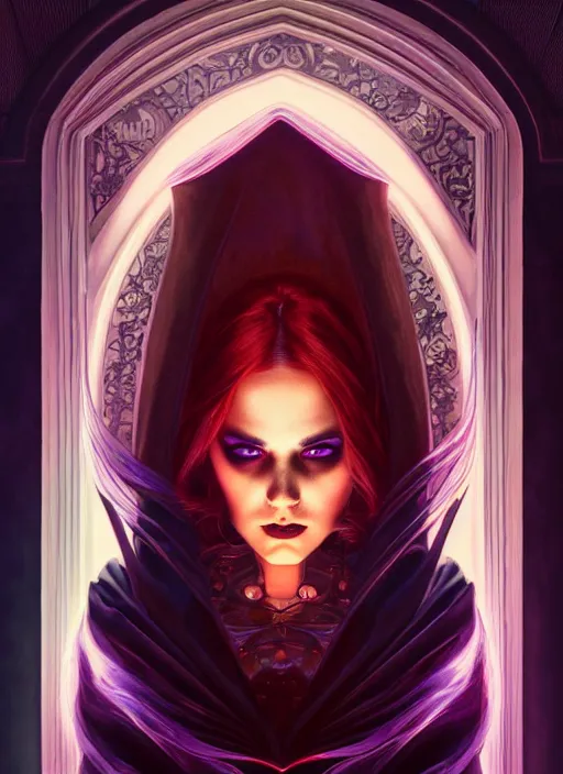 Image similar to book cover, front portrait, dark witch with black hood and evil eyes, realism, soft, smooth, luminescent, art nouveau tarot, backlit glow, colorful swirly ripples, gaudy colors, aesthetic octane render, unreal engine, 8 k, by artgerm, greg rutkowski, alphonse mucha