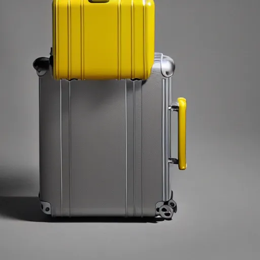 Prompt: a yellow coffee mug looks like rimowa aluminium suitcase, full of steaming coffee