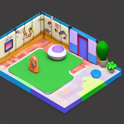 Image similar to a chubby cute pokemon gym room, 3 d illustration, isometric, 1 0 0 mm, studio lighting