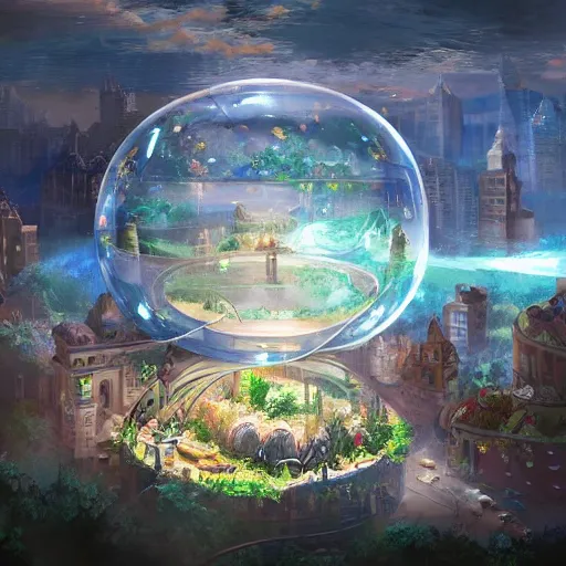 Image similar to a bubble terrarium utopia, with cities galore, dynamic lighting, fantasy concept art, trending on art station, stunning visuals, creative, cinematic, ultra detailed