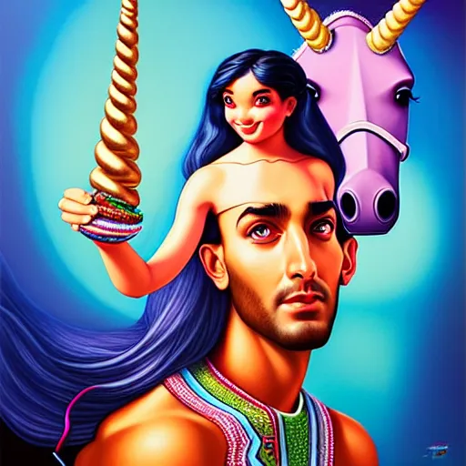 Prompt: portrait of himan riding an unicorn and, pixar style, by tristan eaton stanley artgerm and tom bagshaw.