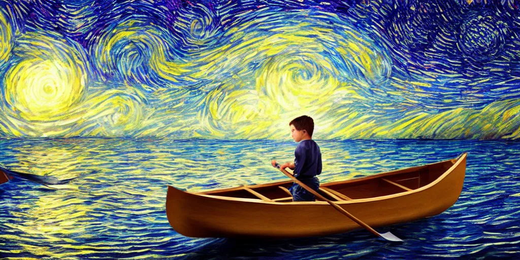 Image similar to boy rowing a boat in the sea of the starry night with mysterious light, digital art style, illustration painting, 4 k,