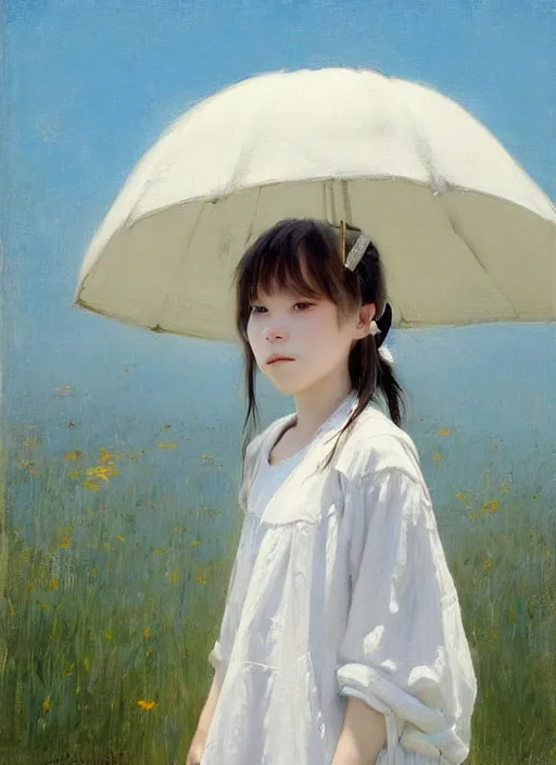 Prompt: portrait of girl dressed in white clothes meeting big Totoro, countryside, fantasy character portrait, dynamic pose, above view, view from above, sunny day, thunder clouds in the sky, artwork by Jeremy Lipkin and Giuseppe Dangelico Pino and Michael Garmash and Rob Rey and John Marshall Gamble, very coherent symmetrical artwork, perfect face, simple form, 100mm