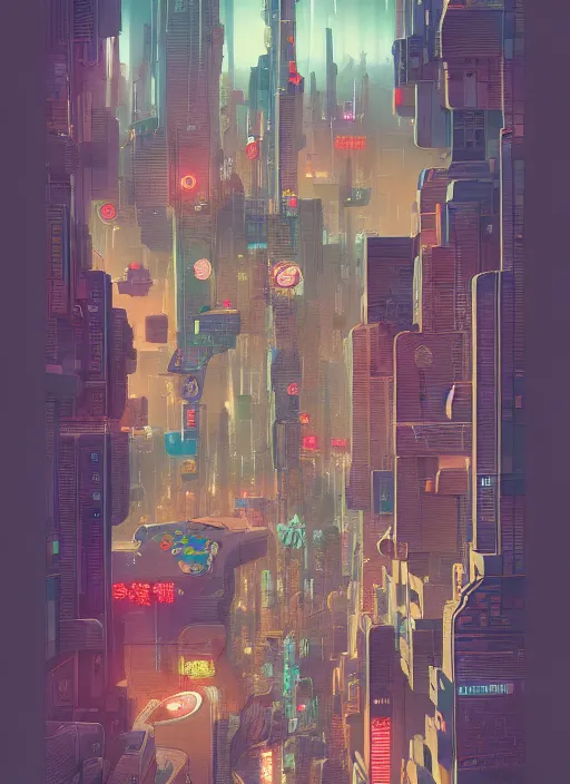 Prompt: chris ware graphic layout design maze poster of cyberpunk city, peter mohrbacher, jane newland, peter gric, chris ware, aaron horkey, illustration, artstation, full of color, highly detailed, maximalist