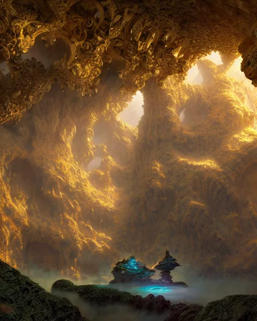 Prompt: wide angle photo of a nouveau rococo architecture cave made out of golden intricate crystals in rocky cliffs, cinematic composition, jaime jasso, craig mullins, wide angle, in the style of hayao miyazaki + brian froud + kim jung gi, studio ghibli, beautiful high detail enhanced 8 k render