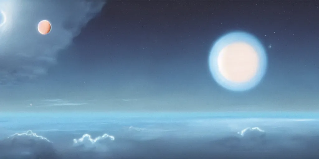 Image similar to blue dreamy cloudscape with a single planet in the clouds, ringed planet, daylight, cinematic lighting, cinematic perspective, syd mead, john harris, federico pelat,