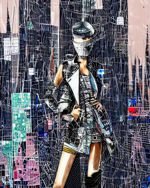 Image similar to cypherpunk fashion illustration, camera face, city street background with high tall buildings, abstract portrait highly detailed, finely detailed