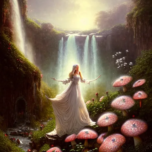 Image similar to highly detailed, elegant elf clothed in a white lace dress and flowers sitting in a enchanted scenery landscape, vast lush valley flowers and mushroom, waterfall, stream, sunrise, vivid color, soft clouds, cinematic lighting, perfect composition, 8 k, gustave dore, derek zabrocki, greg rutkowski, belsinski,