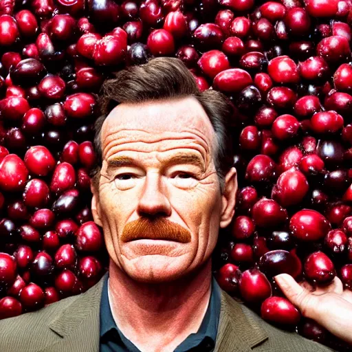 Image similar to bryan cranston's body is a bowl of cranberries, head submerged in cranberries, natural light, sharp, detailed face, magazine, press, photo, steve mccurry, david lazar, canon, nikon, focus