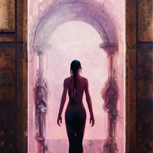 Prompt: lee jin - eun emerging from pink water in cyberpunk theme looking at multiversal portal to renaissance italy, portal to renaissance era, by greg rutkowski, claude monet, conrad roset, takato yomamoto, james jean, rule of thirds, seductive look, beautiful