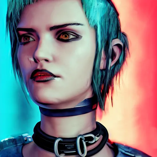 Image similar to detailed realistic cyberpunk female character cyberpunk wearing large steel collar around neck, realistic, art, beautiful, 4K, collar, choker, collar around neck, punk, artstation, detailed, female, woman, choker, cyberpunk, neon, punk, collar, choker, collar around neck, thick collar, choker around neck, wearing choker, wearing collar, bright neon punk hair, collar, choker,