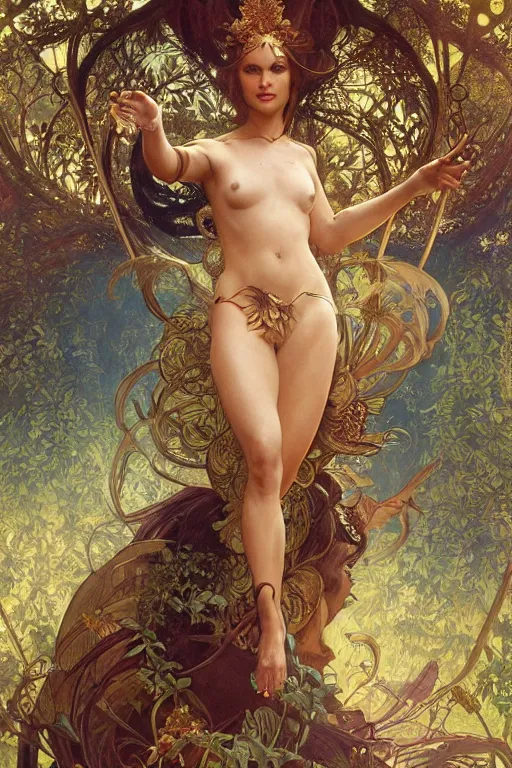 Image similar to natalie portman as queen of the jungle, jumping, midair, full figure, painted by nekro, alphonse mucha, dark - fantasy, intricate detail, artstation, cgsociety, rococo, gold leaf art