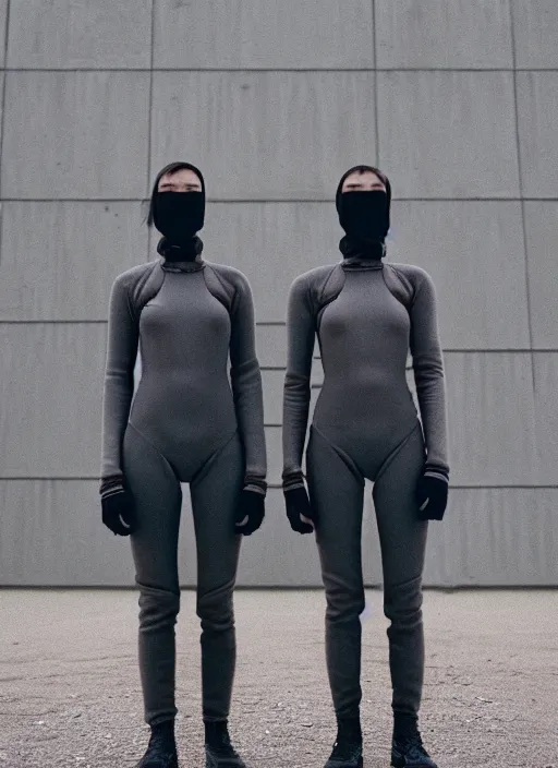 Image similar to cinestill 5 0 d photographic portrait of two clones standing in front of a brutalist metal building, techwear women on a desolate plain, closeup, depth of field, 4 k, 8 k, hd, full color