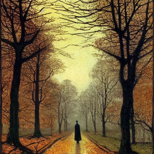 Prompt: the slenderman walking down a laneway in autumn, john atkinson grimshaw