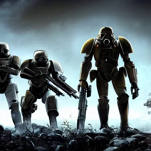 Prompt: Three enclave soldiers standing in the foreground, Half-Life Combine, Fallout Enclave Armor, Wolfenstein, Killzone, Deathtrooper, huge spaceship
