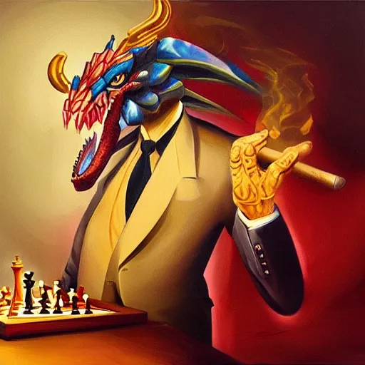 Image similar to oil painting art deco dragon shiny scales golden highlights smoking a cigar sitting at a chess table strategy wearing a handsome suit, trending on artstation, deviantary, furaffinity