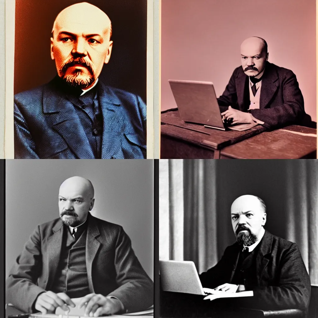 Prompt: photograph of lenin using laptop, color, studio lighting