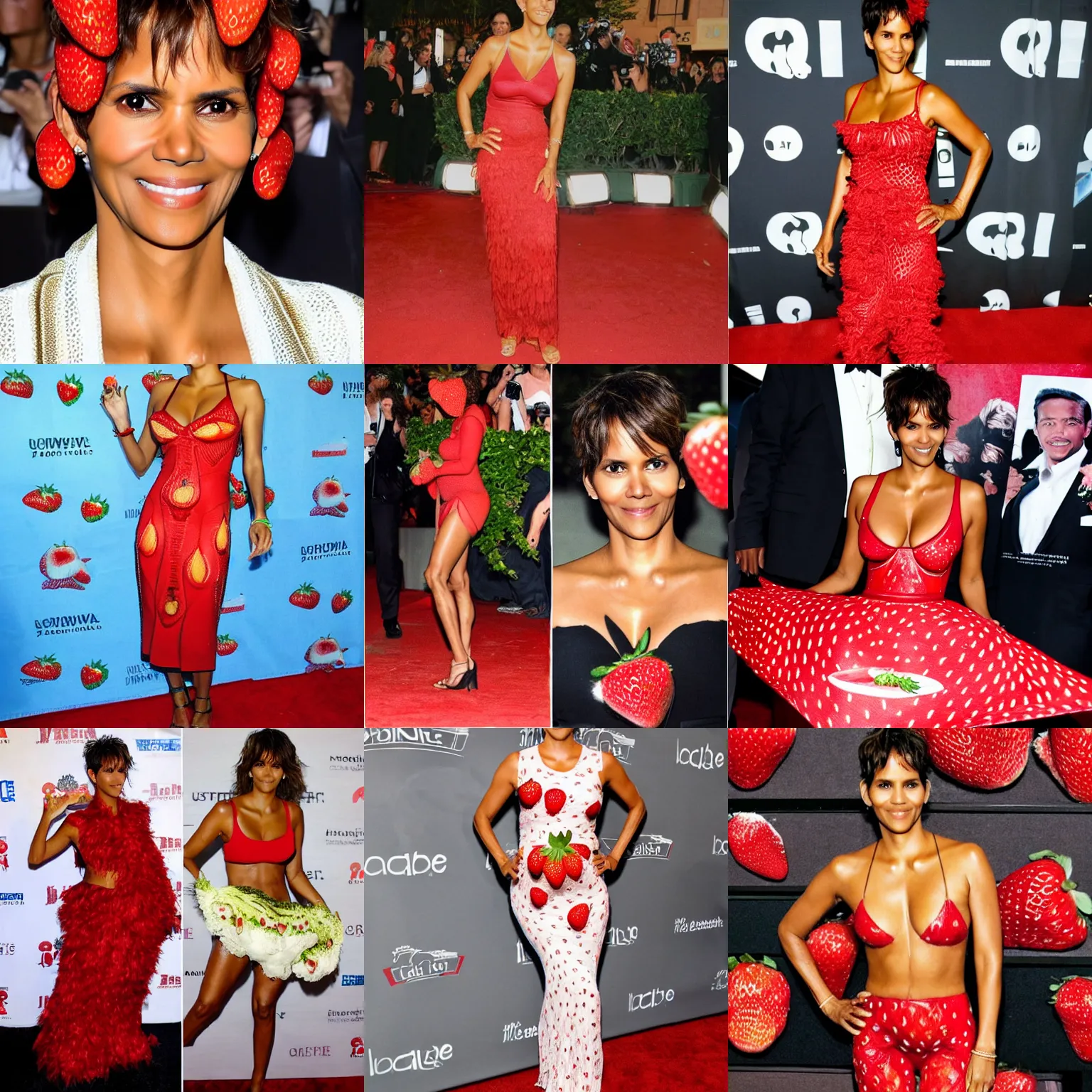 Prompt: halle berry wearing a strawberry costume, red carpet, food art, food photography