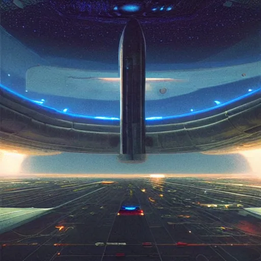 Prompt: Spaceport docking bay at night, inner light. Concept art, hyperrealism, extreme detail, art in the style of A New Hope. Art by. Beksinski and Thomas Kincade