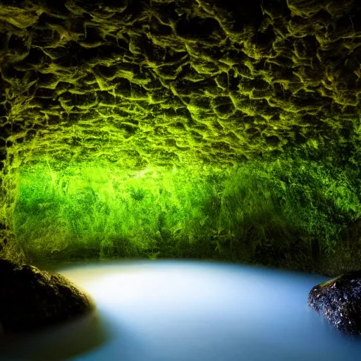 Prompt: a professional photograph of a glowing cave hidden by a curtain of vines and hidden by lush green vines, small pool of water, trickling water, stone, hidden, forest, night, glow, magical, magic, fantasy, high quality, highly detailed, award-winning, awe-inspiring, spectacular, HD, 4K, 8K