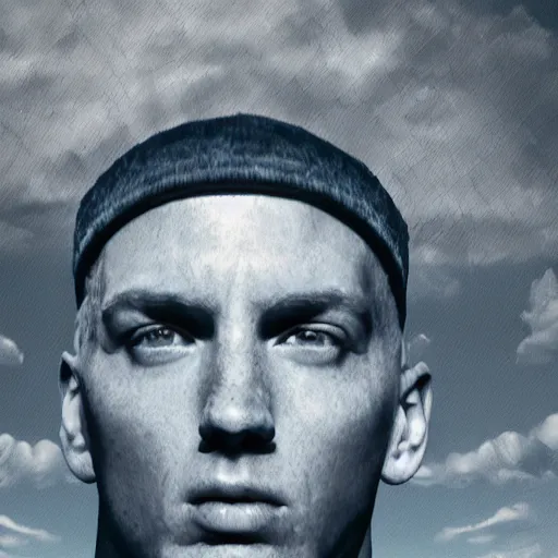 Prompt: giant eminem head hovering over the ocean, highly intricate, hyper realistic, 8 k