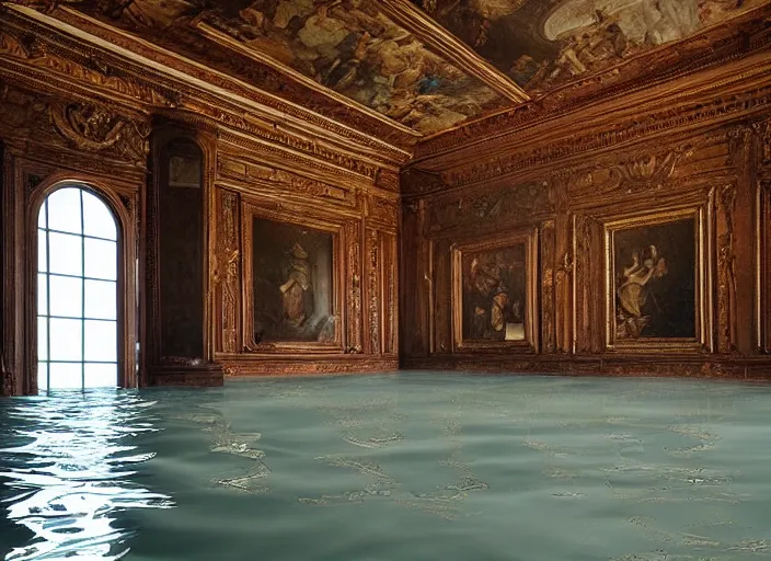 Image similar to a renaissance castle room flooded with water,