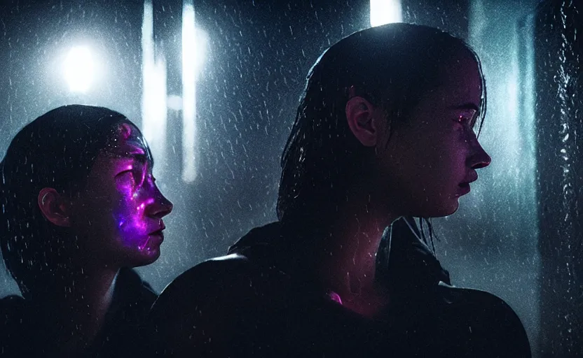 Image similar to cinestill 5 0 d candid photographic portrait by christopher nolan of two loving female androids sobbing wearing rugged black mesh techwear in treacherous city waters, medium closeup, modern cyberpunk moody emotional cinematic, pouring iridescent rain bright spotlight, 8 k, hd, high resolution, 3 5 mm, f / 3 2, ultra realistic faces, ex machina