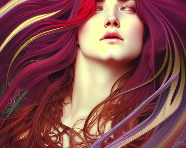 Image similar to overlord, psychedelic flowing hair, close eyes, portrait, highly detailed, deep focus, elegant, digital painting, smooth, sharp focus, illustration, ultra realistic, 8 k, art by artgerm and alphonse mucha