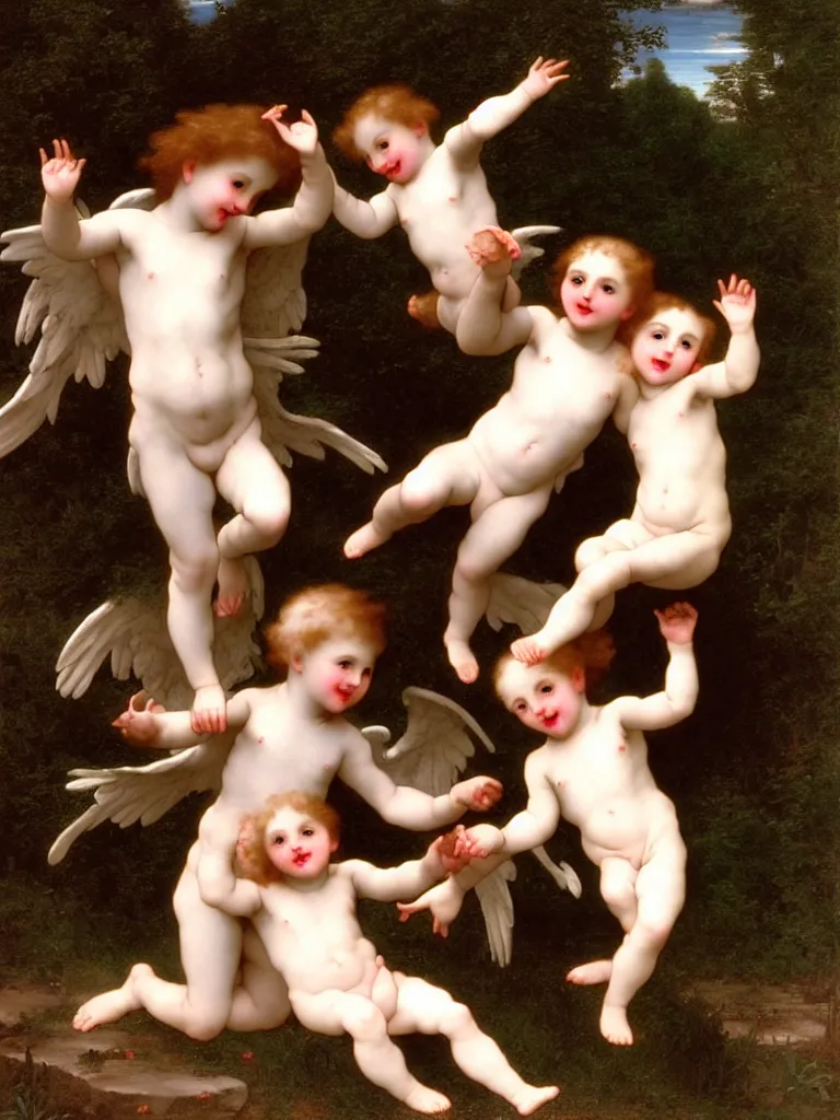 Prompt: Devils Laugh at Cherubs in an Arcadian Milieu, art by Gustav Doré and William-Adolphe Bourguereau