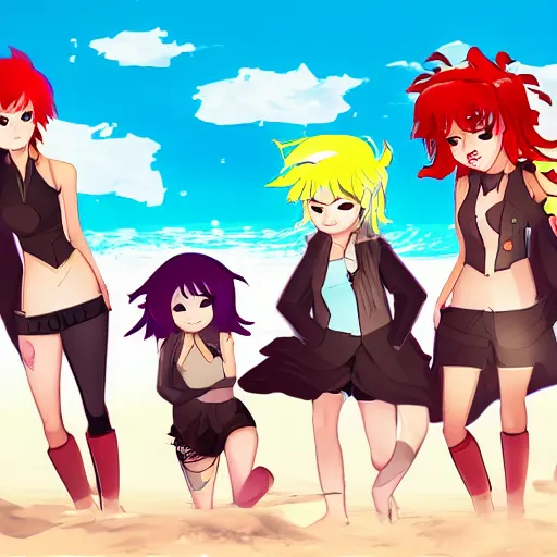 Image similar to Team RWBY at the beach, in the style of RWBY, sunny day,