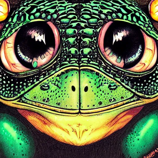 Image similar to portrait closeup of crazy pepetgte frog, symmetrical, cinematic colors, by yoichi hatakenaka, masamune shirow, josan gonzales and dan mumford, ayami kojima, takato yamamoto, barclay shaw, karol bak, yukito kishiro