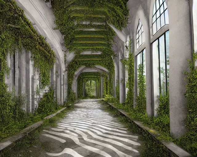 Prompt: Overgrown hallway, immaculate scale, matte painting, digital art, trending on Artstation, hyper-realistic, detailed, ultra detailed