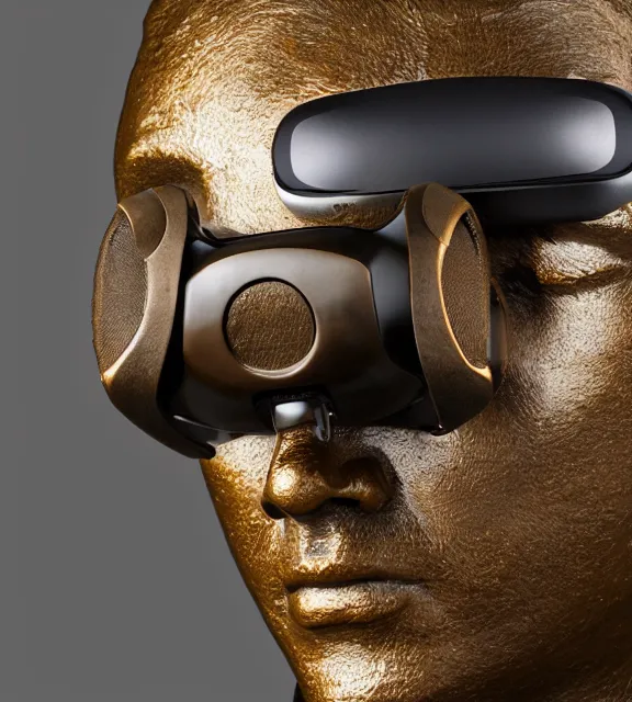 Image similar to a 4 k photorealistic photo medium shot of a bronze statue of a man wearing a vr headset on his head.