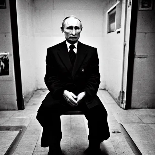 Image similar to a very sad and old wrinkled vladimir putin ( in prison clothes sitting on prison bench ). detailed professional 3 5 mm black and white photo by don mccullin and anders petersen world press photo award