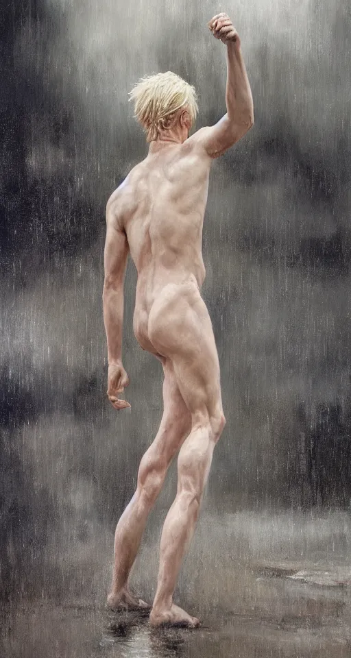 Prompt: painting of a beautiful pale androgynous blond albino man, dancing in the rain, very very long curly pale blond hair, strong fat chunky build, by Jeremy Mann and Jason Jenicke, 70mm, cinematic, highly detailed, stylized, loose brush strokes, intricate, realistic, exaggerated lighting, dramatic lighting, sense of scale, sense of movement, sensual