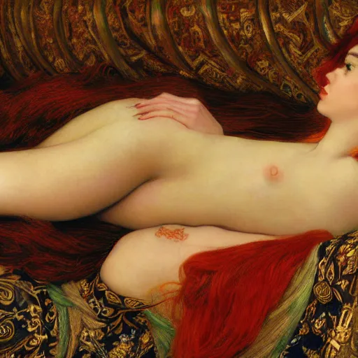 Prompt: preraphaelite photography reclining on bed, a hybrid of judy garland and a hybrid of lady gaga and nicole richie, aged 2 5, big brown fringe, wide shot, yellow ochre ornate medieval dress, john william waterhouse, kilian eng, rosetti, john everett millais, william holman hunt, william morris, 4 k