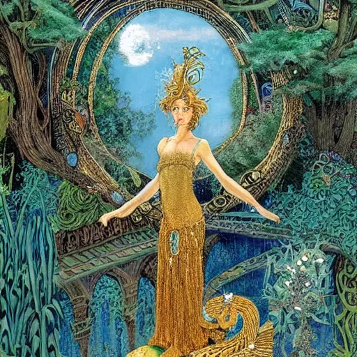 Prompt: a beautiful sorcerers serpent goddess in a magical kingdom nature and gold towers, magic gardens and waterfalls a bridge made out of oaks, beauty abundance and a by ida rentoul outhwaite and rebecca guay