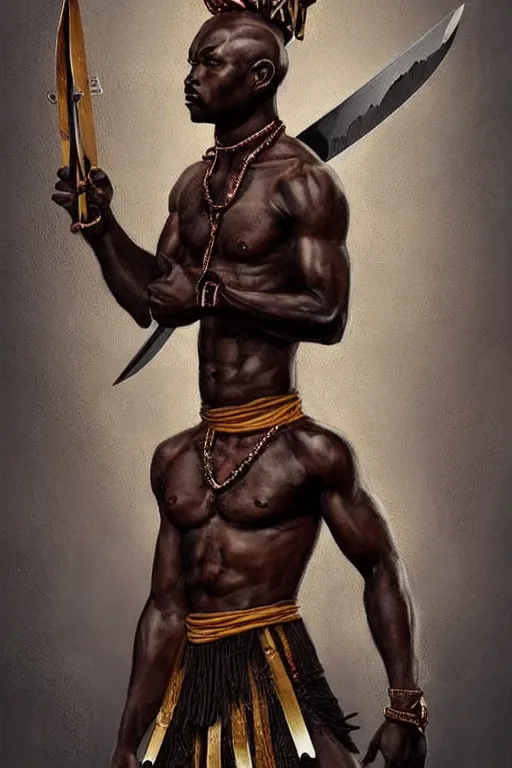 Image similar to Ogun holding his knives poised for battle, an ancient orisha the African Warrior God of Craftsmen and Hunters, bronze-brown skin with masculine features - strong jaw line, bald head and menacing look, tribal markings with golden and jeweled adornments, medium shot digital illustration trending on artstation by artgerm and raphaelite, face by wlop, detailed and concise