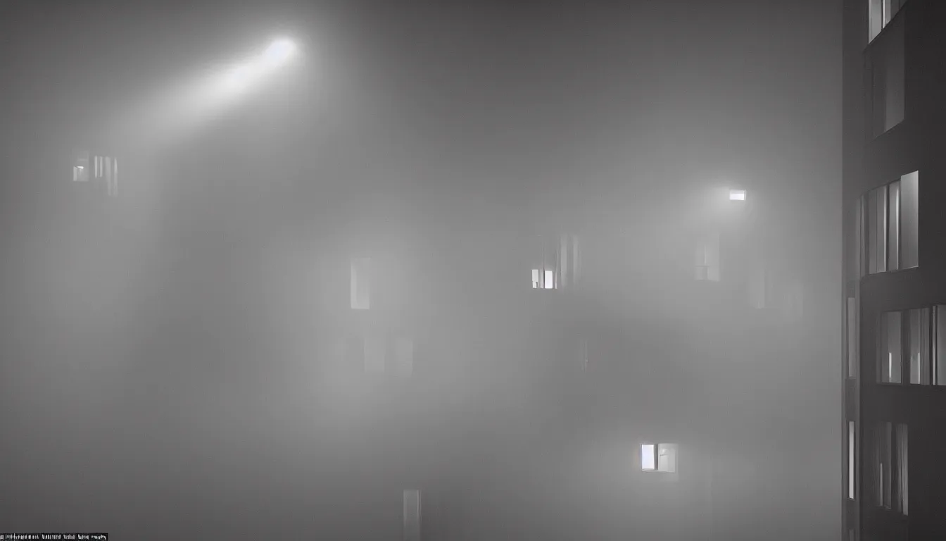 Image similar to Spying into the windows of a small tower block from outside , observing the private lives of the human inhabitants, volumetric lighting shines through the misty nighttime sky