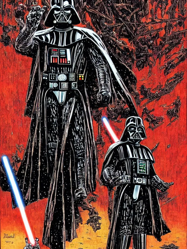 Prompt: Darth Vader by Philippe Druillet