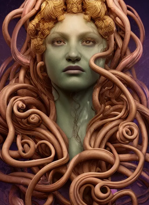 Prompt: medusa made of soft wax, wooden art nouveau swirls, strong subsurface scattering, cables, tubes, subsurface scattering, in the style of ruan jia and beeple and giger, subsurface scattering, mystical colors, back light, rim light, dramatic lighting, 8 k, stunning scene, raytracing, octane render, trending on artstation