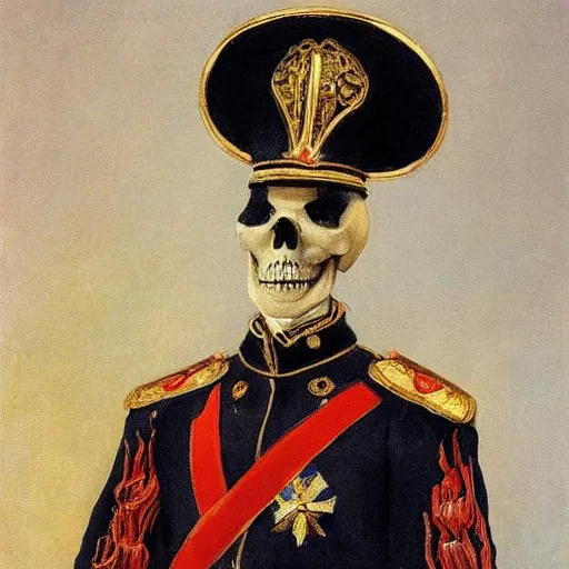 Image similar to A portrait of a skeleton in a Russian Tsar's uniform, painted by Valentin Alexandrovich Serov