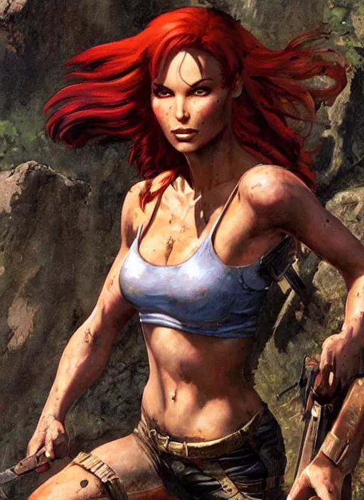 Prompt: portrait of tomb raider with red hair illustration by frank frazetta and boris vallejo