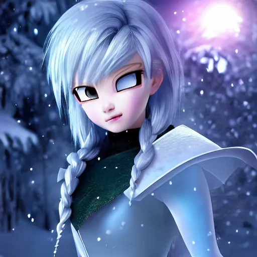 Prompt: portrait focus of Supa Saiyajin knight beautiful 3D anime girl, Frozen ice armor wearing, dark forest background, snowing, bokeh, inspired by Masami Kurumada, digital painting, high contrast, unreal engine render, volumetric lighting, high détail