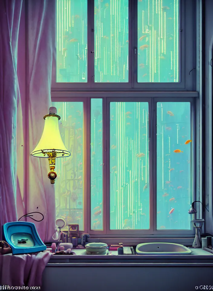 Prompt: telephoto 7 0 mm f / 2. 8 iso 2 0 0 photograph depicting the feeling of chrysalism in a cosy cluttered french sci - fi art nouveau cyberpunk apartment in a pastel dreamstate art style. ( computer screens, window ( rain ), sink, lamp ( ( ( fish tank ) ) ) ), ambient light.